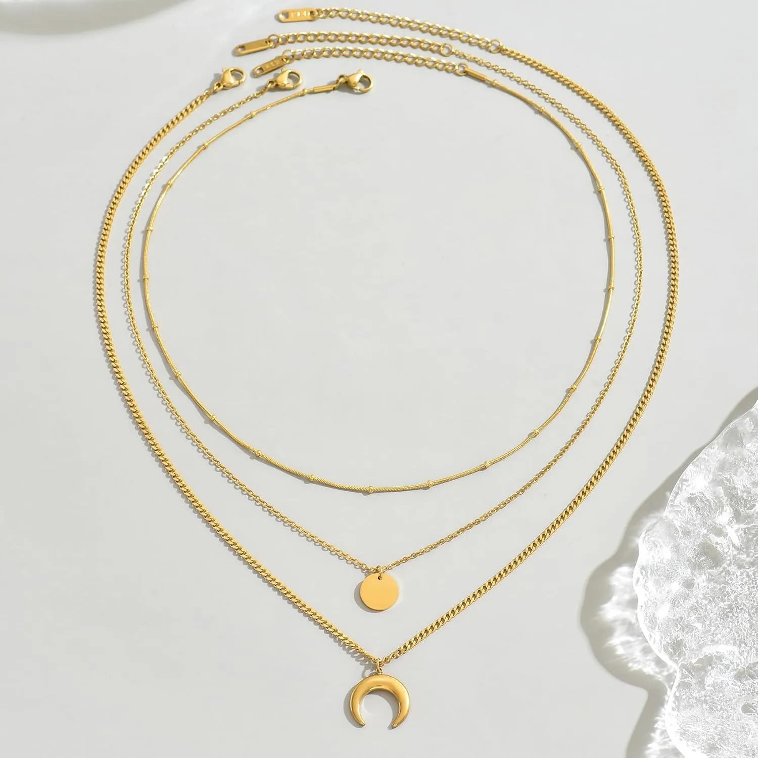18K Gold Plated Layered Herringbone Necklaces for Women Dainty Layering Beaded Snake Chain Choker Moon Coin Pendant Necklace Trendy Stainless Steel Jewelry