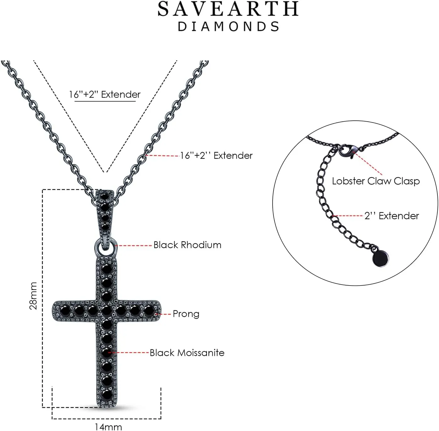 18K Gold Plated Moissanite Cross Necklace | 0.36 Ctw Moissanite Diamond Jesus Christian Religious Crucifix Pendant Necklace for Men Women | 16" 2 Adjustable Chain