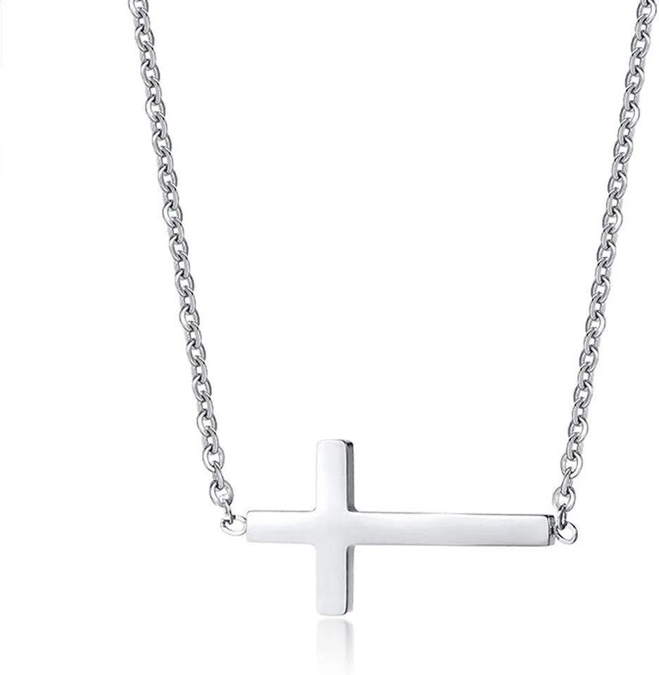 18K Gold Plated Stainless Steel Sideways Cross Necklace Small Simple Cross Pendant Necklace Delicate Christian Necklace for Women