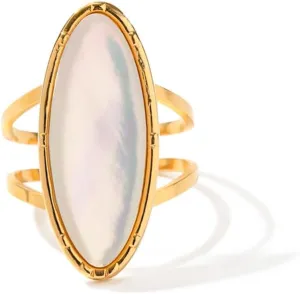 18K Gold Stainless Steel Iridescent White Mother-of-Pearl Oval Ring Luxury Pearl Jewelry