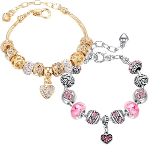 2 Pack Charm Bracelets Pink and Gold Heart Silver Plated Charm Bracelet, DIY Jewelry for Women Gifts, with Beads, Crystal, Charms, Love and Adjustable Snake Chain, Fits 7.5" 1.5"