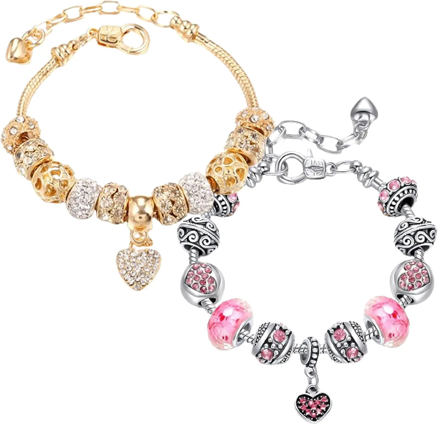 2 Pack Charm Bracelets Pink and Gold Heart Silver Plated Charm Bracelet, DIY Jewelry for Women Gifts, with Beads, Crystal, Charms, Love and Adjustable Snake Chain, Fits 7.5" 1.5"