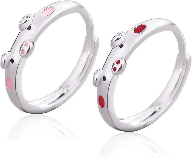 2 Pcs Creative Cute Pink Red Pig Cow Rings Popular Lucky Piggy Calf Animal Couple Adjustable Open Ring for Women Girls Jewelry