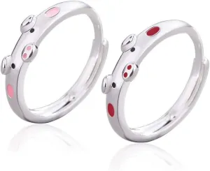 2 Pcs Creative Cute Pink Red Pig Cow Rings Popular Lucky Piggy Calf Animal Couple Adjustable Open Ring for Women Girls Jewelry