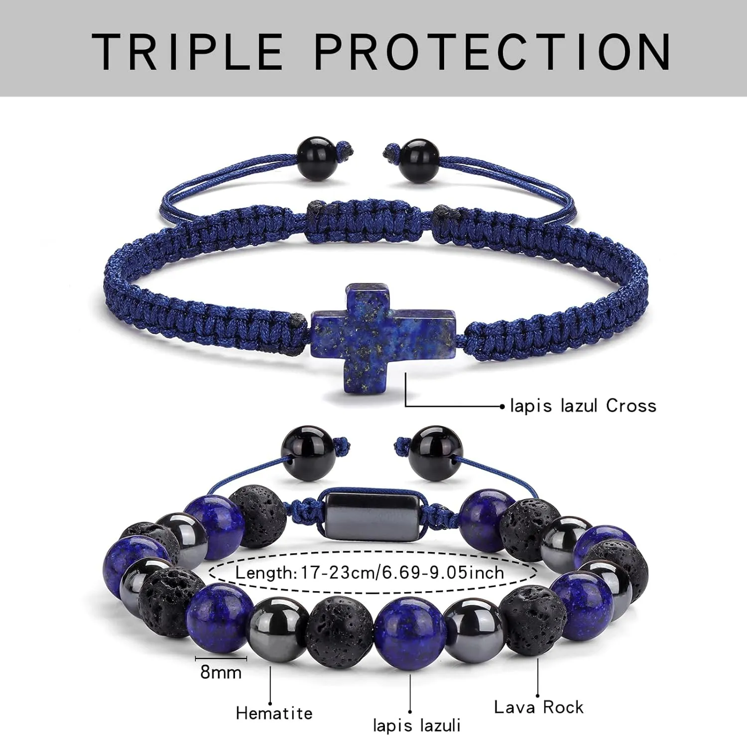 2 pcs Cross Beaded Bracelets for Men,8mm Black Obsidian Tiger eyes Hematite Mens Triple Protection Bracelet Set Fathers Day Birthday Jewelry Gifts
