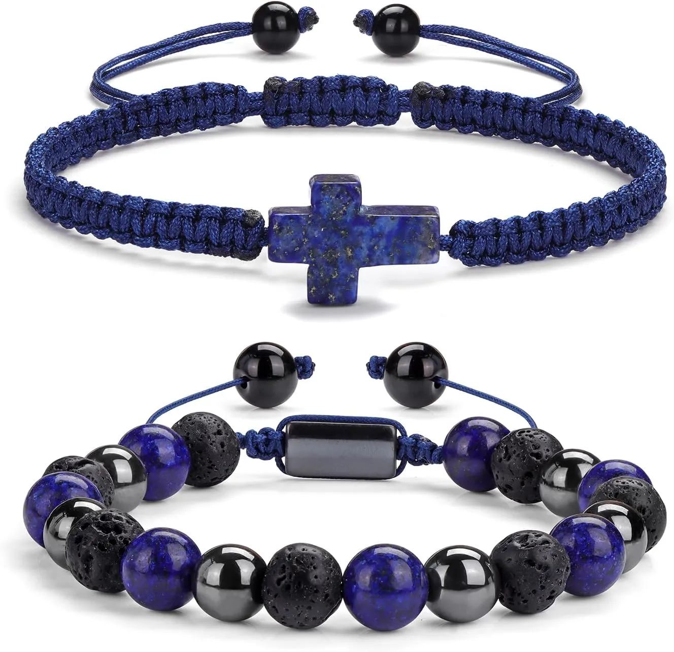 2 pcs Cross Beaded Bracelets for Men,8mm Black Obsidian Tiger eyes Hematite Mens Triple Protection Bracelet Set Fathers Day Birthday Jewelry Gifts