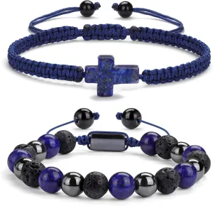 2 pcs Cross Beaded Bracelets for Men,8mm Black Obsidian Tiger eyes Hematite Mens Triple Protection Bracelet Set Fathers Day Birthday Jewelry Gifts