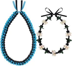 2 Pcs Graduation Leis Class of 2025 Hawaiian Kukui Nut Leis Beads Necklaces Ribbon Braided Necklace for Graduation Gifts Party Accessories for Women and Men(Graduation Lei Necklace Set 1)