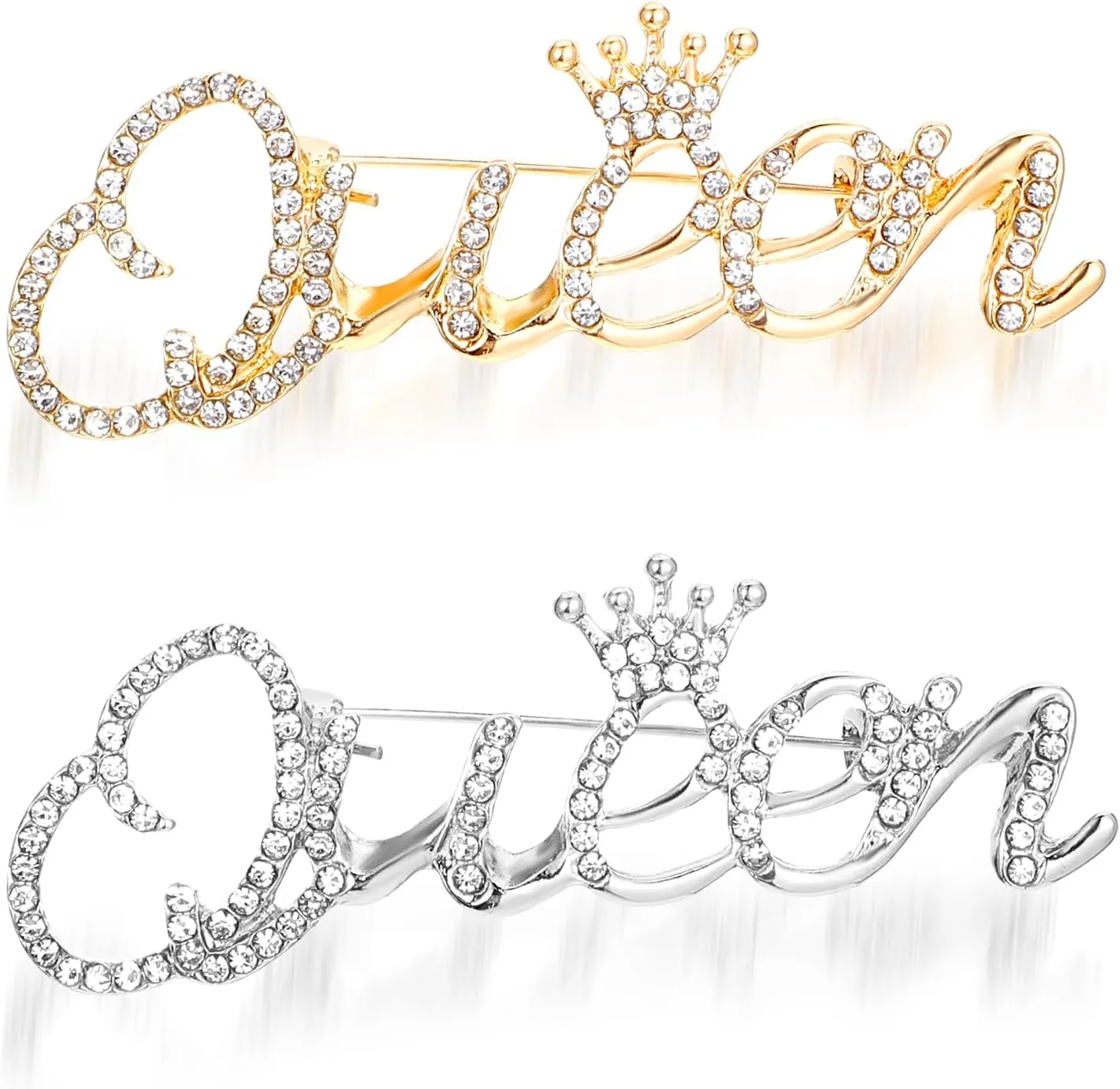 2 Pcs Queen Crown Brooch Pins for Women Girls Rhinestone Queen Brooches Pin Gold Silver Fahion Bling Crystal Lapel Pin Decorative Pins for Clothing Dress Bridal Wedding Party Birthday