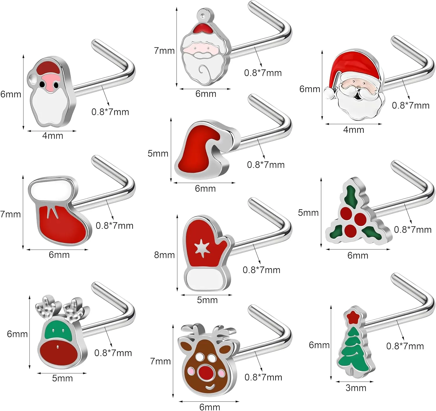 20G Nose Studs, Christmas Elements Nose Ring Studs L-Shaped, 316L Stainless Steel Nose Piercing Jewelry, Nostril Daith Tragus Piercing Jewelry for Women and Men