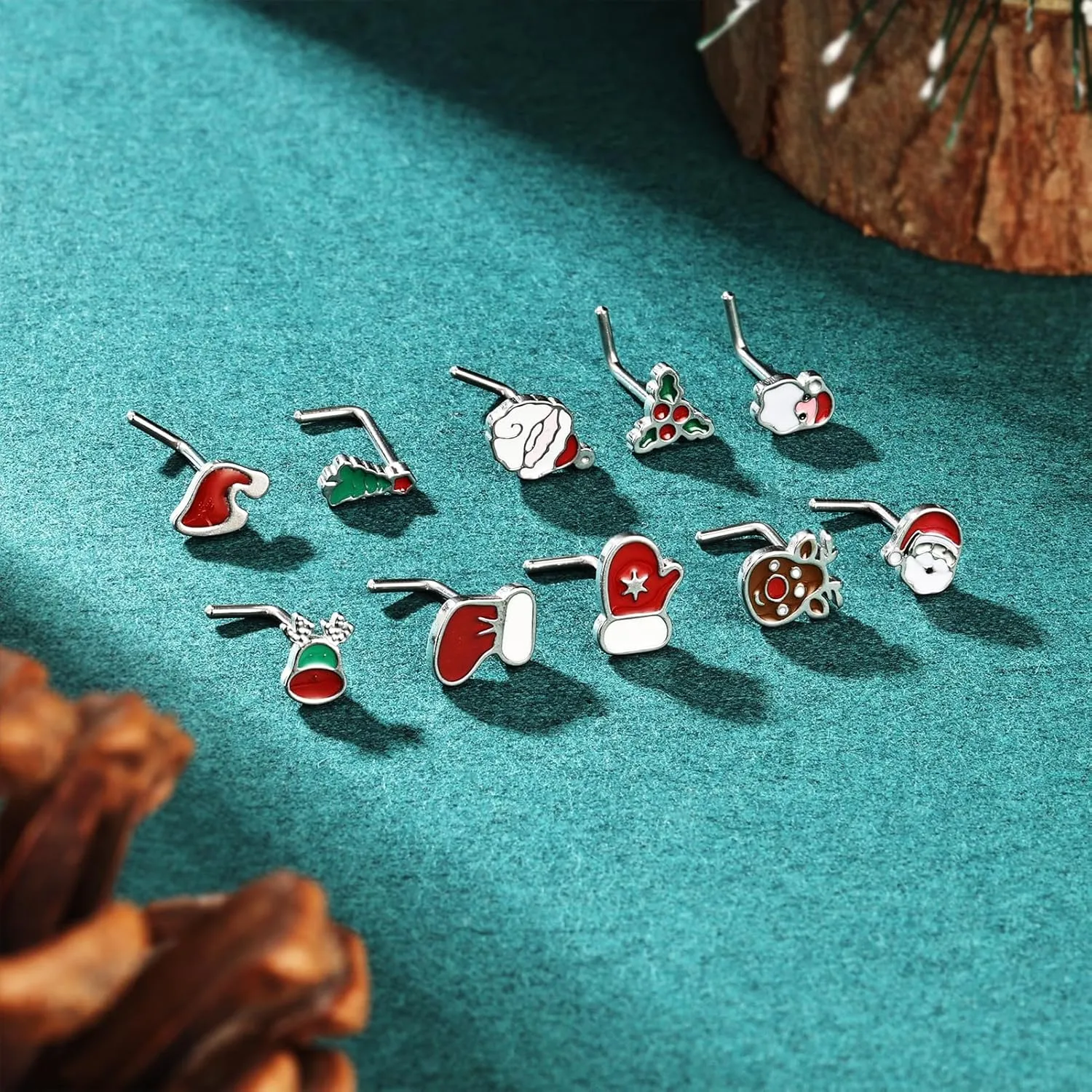 20G Nose Studs, Christmas Elements Nose Ring Studs L-Shaped, 316L Stainless Steel Nose Piercing Jewelry, Nostril Daith Tragus Piercing Jewelry for Women and Men
