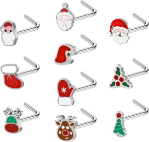 20G Nose Studs, Christmas Elements Nose Ring Studs L-Shaped, 316L Stainless Steel Nose Piercing Jewelry, Nostril Daith Tragus Piercing Jewelry for Women and Men