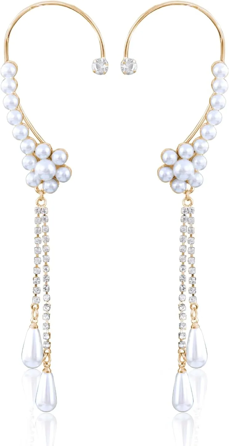 2Pcs Pearls Ear Cuffs Earrings Bohemia Rhinestone Flower Pearls Tassel Non-Pierced Cartilage Climber Ear Wrap Earrings Elegant Around Fake Earrings for Women and Girls