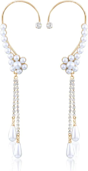 2Pcs Pearls Ear Cuffs Earrings Bohemia Rhinestone Flower Pearls Tassel Non-Pierced Cartilage Climber Ear Wrap Earrings Elegant Around Fake Earrings for Women and Girls