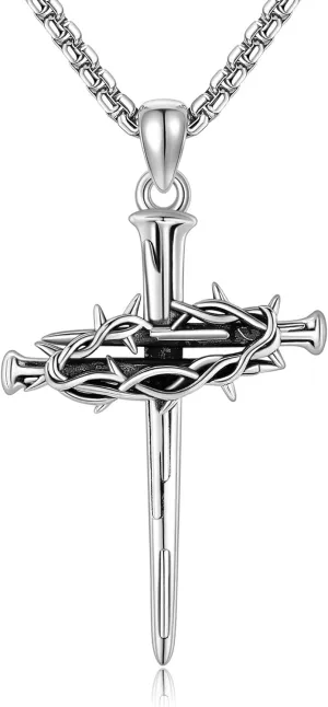 3 Nails Cross Necklace 925 Sterling Silver Thorns of Crown Pendant Jesus Religious Mother's Day Jewelry for Women Men