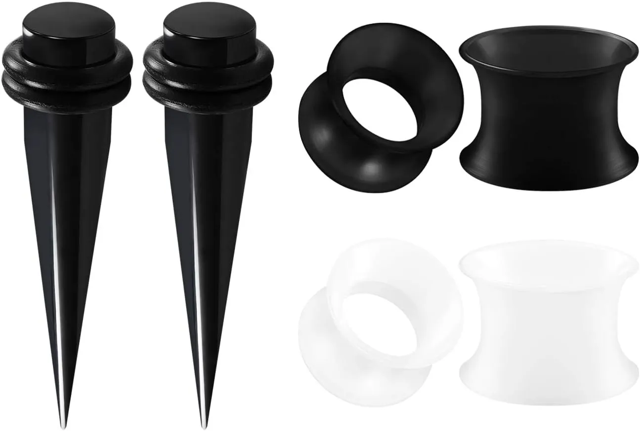 3 Pairs Black Acrylic 0g Gauge 8mm Taper Expander White Silicone Double Flare flesh Tunnel Piercing Ear Stretcher Plug BG6301