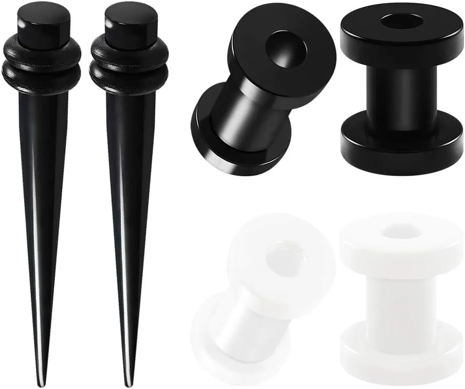 3 Pairs Black Acrylic White Taper Expander screw-fit flesh Tunnel Piercing Jewelry Stretching Ear Plugs