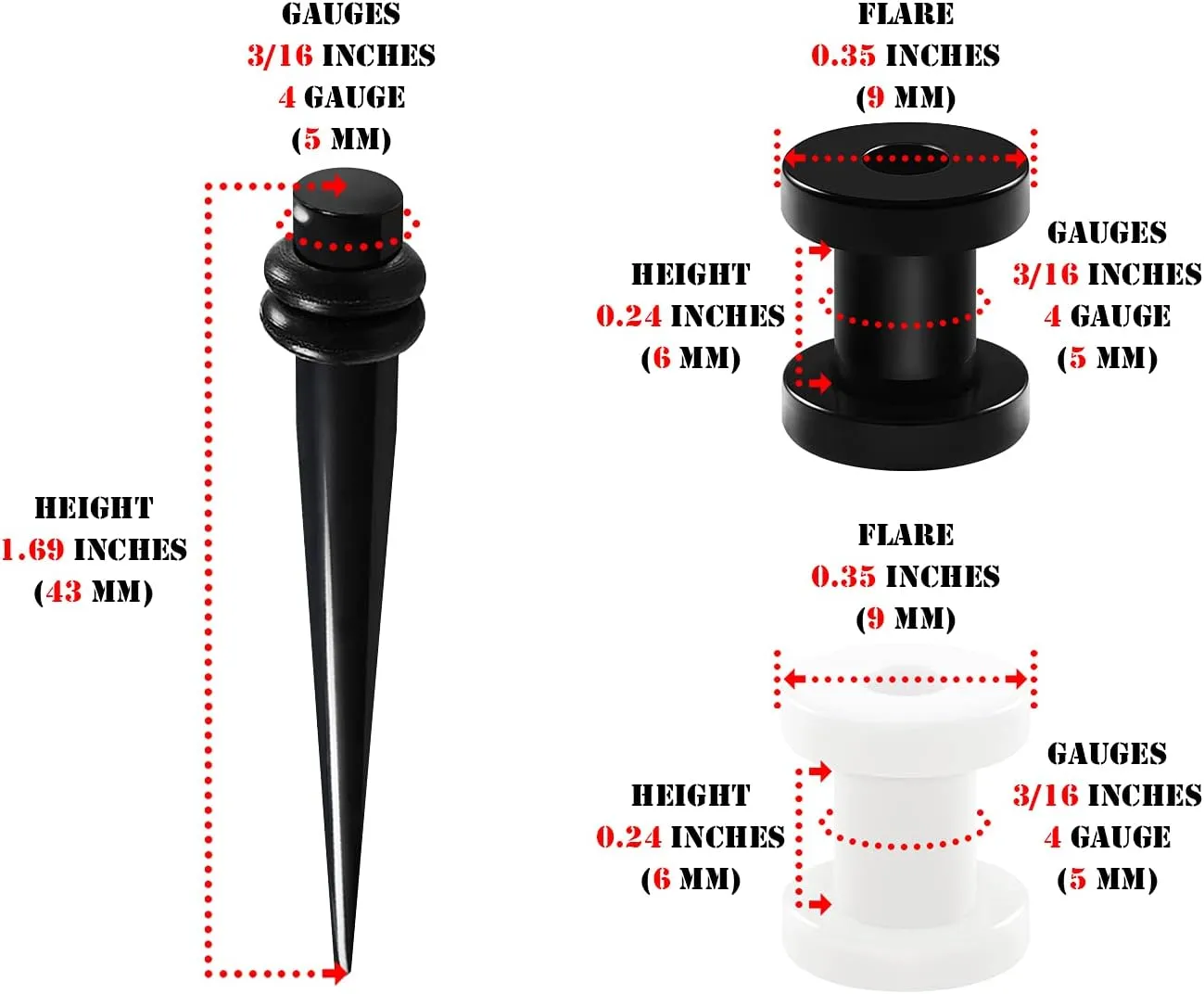 3 Pairs Black Acrylic White Taper Expander screw-fit flesh Tunnel Piercing Jewelry Stretching Ear Plugs