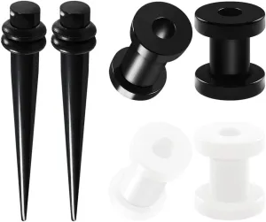 3 Pairs Black Acrylic White Taper Expander screw-fit flesh Tunnel Piercing Jewelry Stretching Ear Plugs