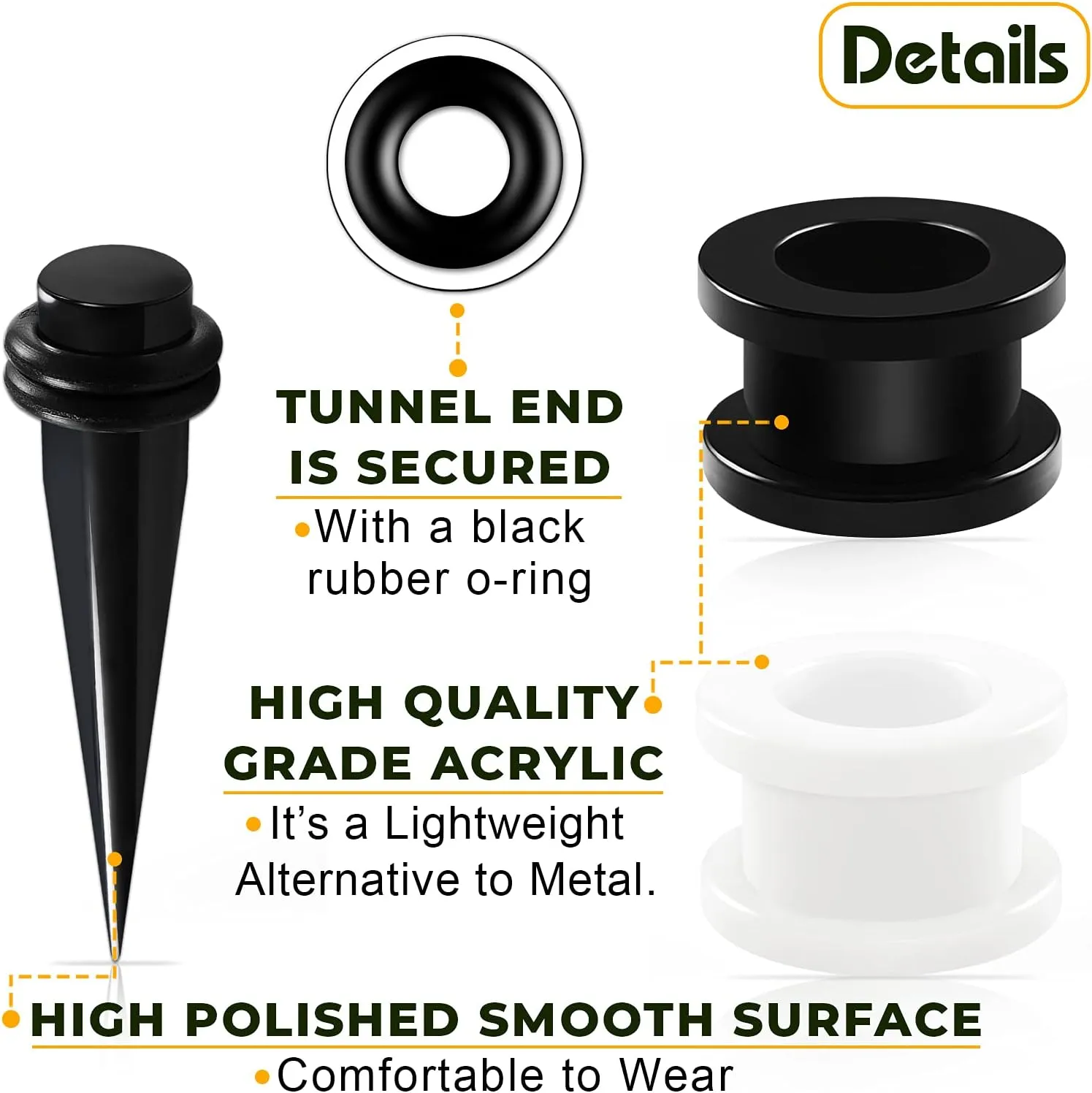 3 Pairs Black Acrylic White Taper Expander screw-fit flesh Tunnel Piercing Jewelry Stretching Ear Plugs