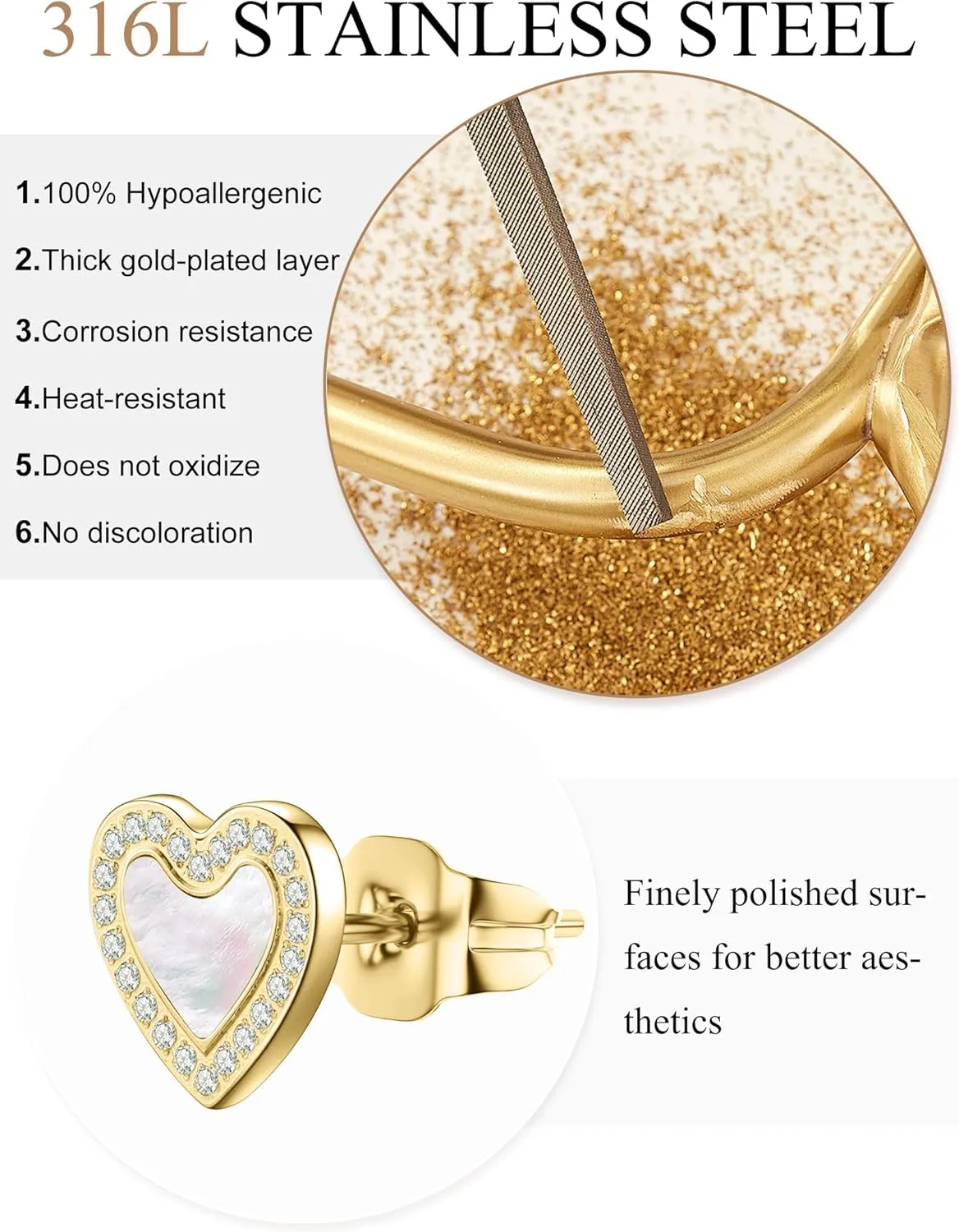 3 Pairs Shell Earrings for Women, Gold Plated Cubic Zirconia Star, Heart, Round, Hypoallergenic 316L Stainless Steel, Elegant Beach Earrings, Perfect Valentines Day, Christmas, and Mothers Day Gift