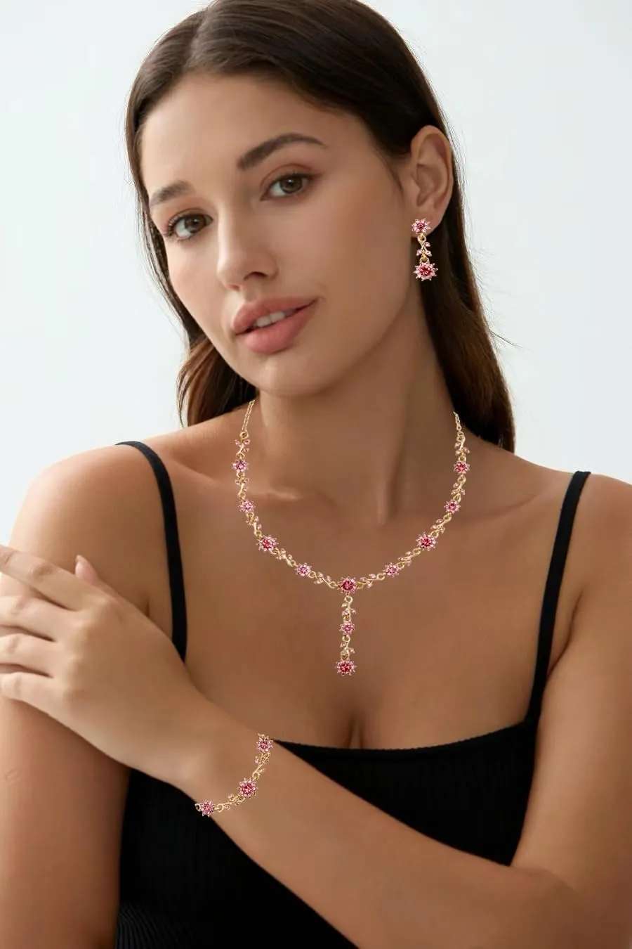 3 Pcs Elegant Bride Bridal Austrian Crystal Flower Shaped Necklace Dangle Earring Bracelet Wedding Party Jewelry Set for Women