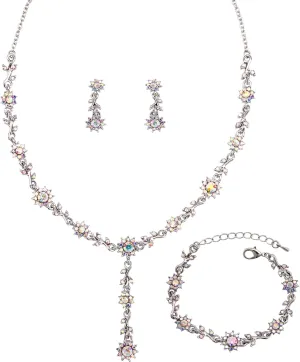 3 Pcs Elegant Bride Bridal Austrian Crystal Flower Shaped Necklace Dangle Earring Bracelet Wedding Party Jewelry Set for Women