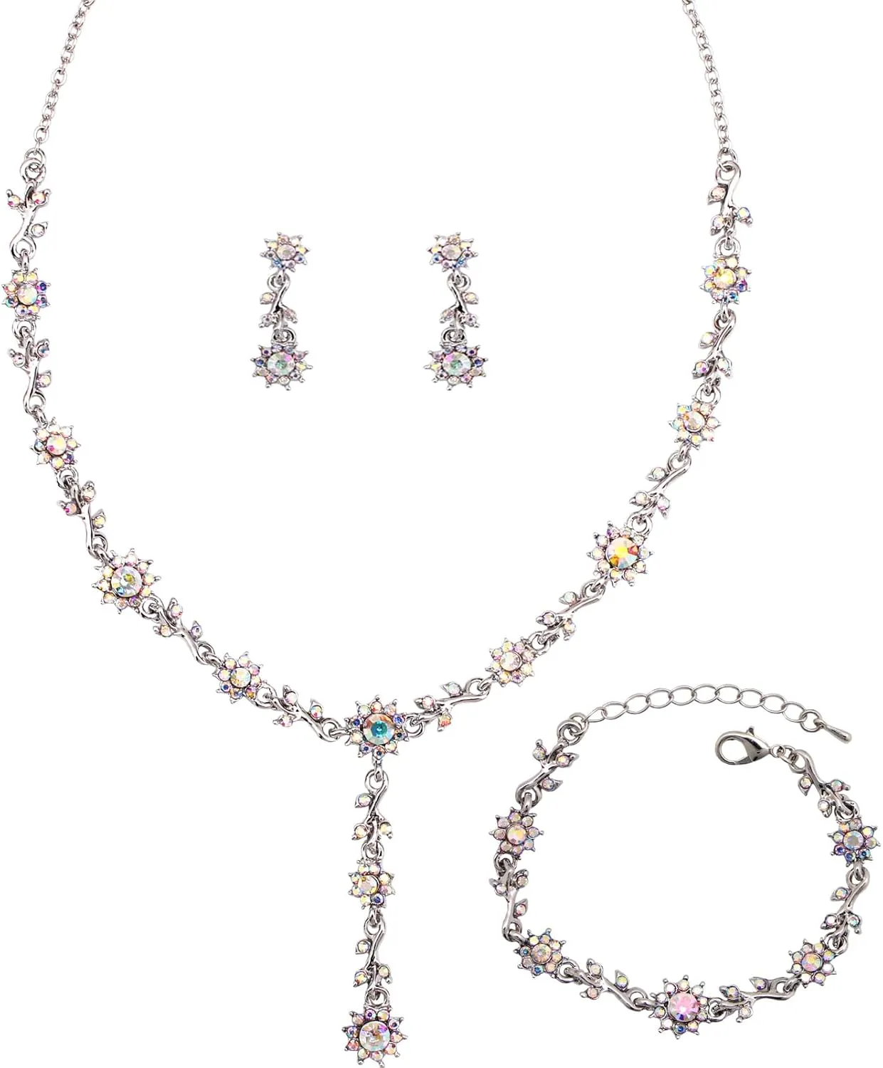 3 Pcs Elegant Bride Bridal Austrian Crystal Flower Shaped Necklace Dangle Earring Bracelet Wedding Party Jewelry Set for Women