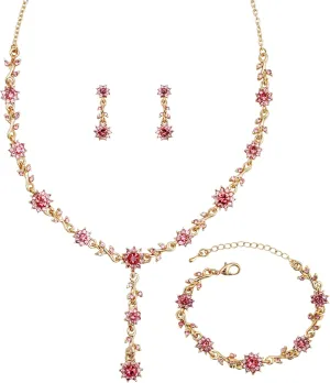 3 Pcs Elegant Bride Bridal Austrian Crystal Flower Shaped Necklace Dangle Earring Bracelet Wedding Party Jewelry Set for Women