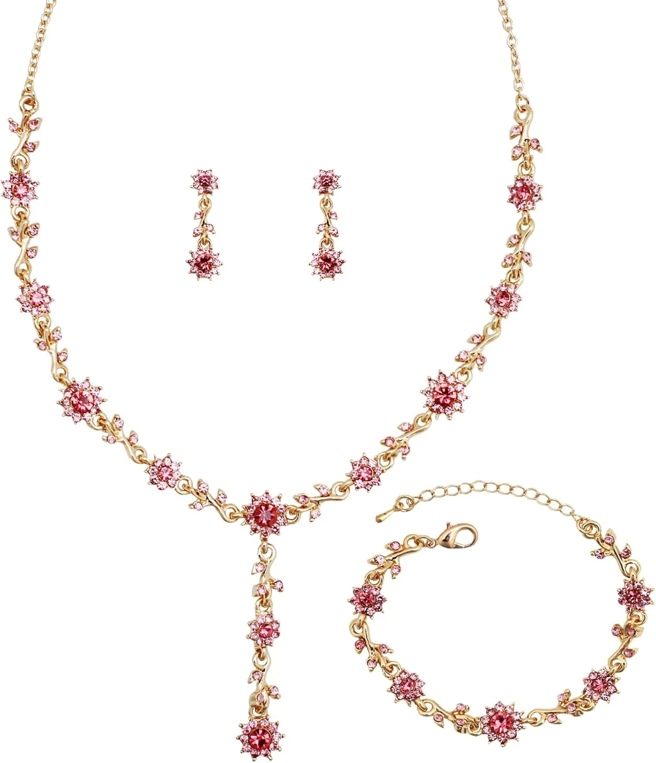 3 Pcs Elegant Bride Bridal Austrian Crystal Flower Shaped Necklace Dangle Earring Bracelet Wedding Party Jewelry Set for Women