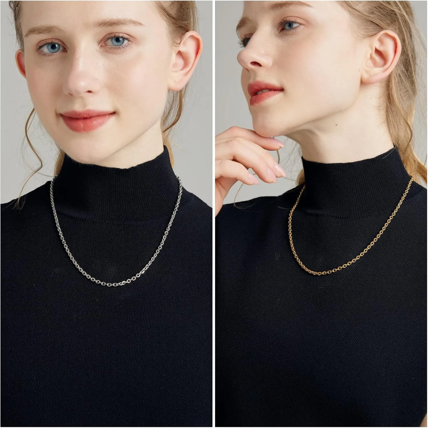 3 Pcs Stainless Steel Chain Necklaces for Men & Women, Silver Gold Black Cable Link Rolo Necklace Mens Fashion Jewelry Gifts, 3.5 MM 16-32 Inch