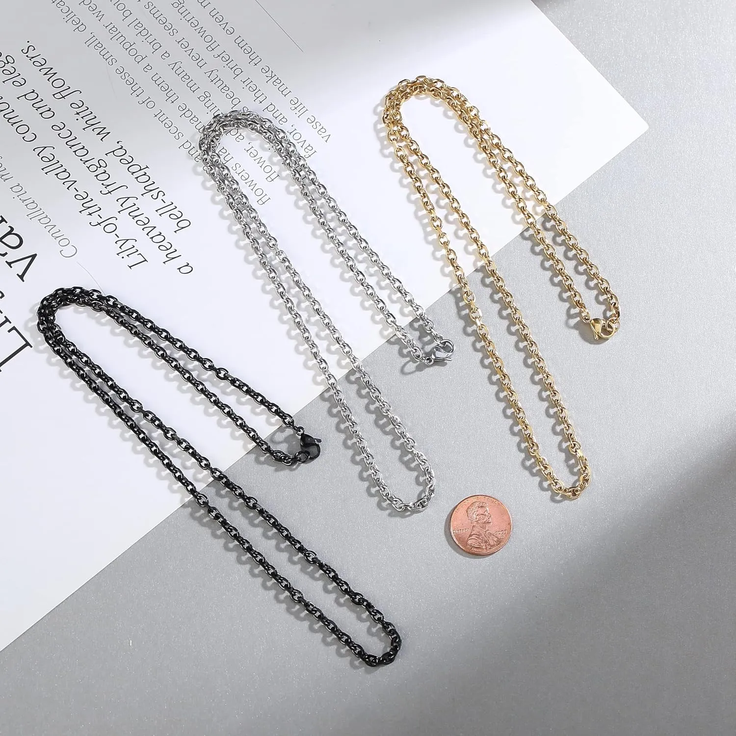 3 Pcs Stainless Steel Chain Necklaces for Men & Women, Silver Gold Black Cable Link Rolo Necklace Mens Fashion Jewelry Gifts, 3.5 MM 16-32 Inch