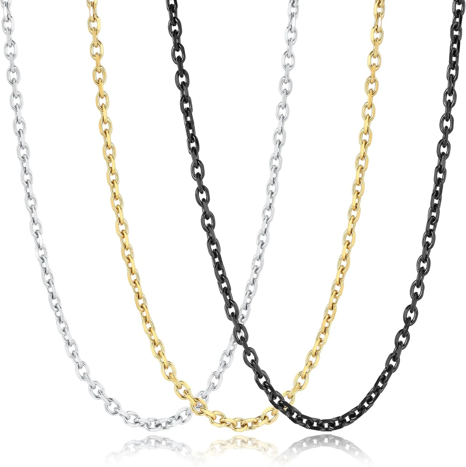 3 Pcs Stainless Steel Chain Necklaces for Men & Women, Silver Gold Black Cable Link Rolo Necklace Mens Fashion Jewelry Gifts, 3.5 MM 16-32 Inch