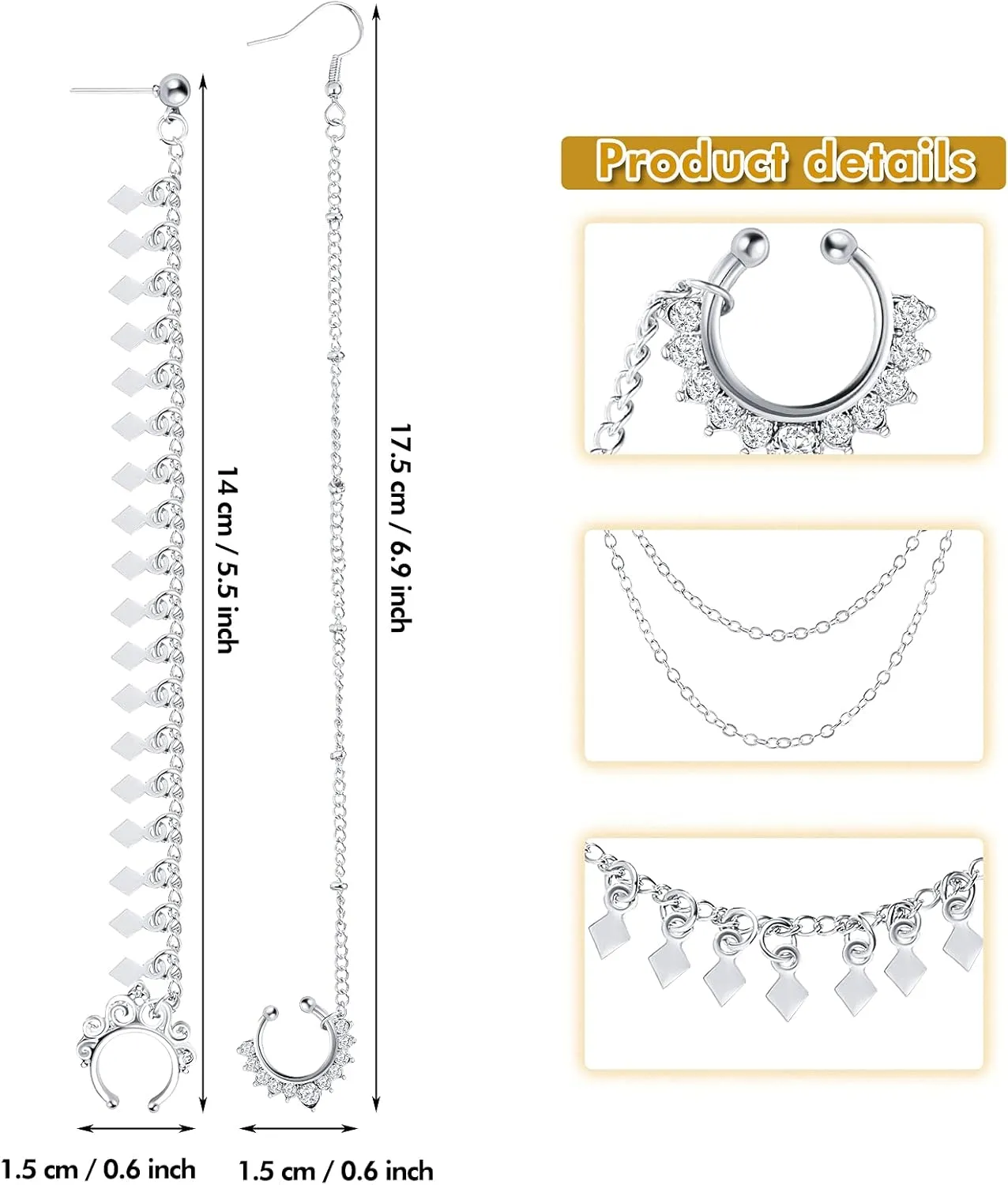 3 Pieces Nose Hoop Chain Rings Double-layer Septum Non Piercing Nose Hoop Ring Dangle Chain Earrings
