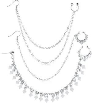 3 Pieces Nose Hoop Chain Rings Double-layer Septum Non Piercing Nose Hoop Ring Dangle Chain Earrings