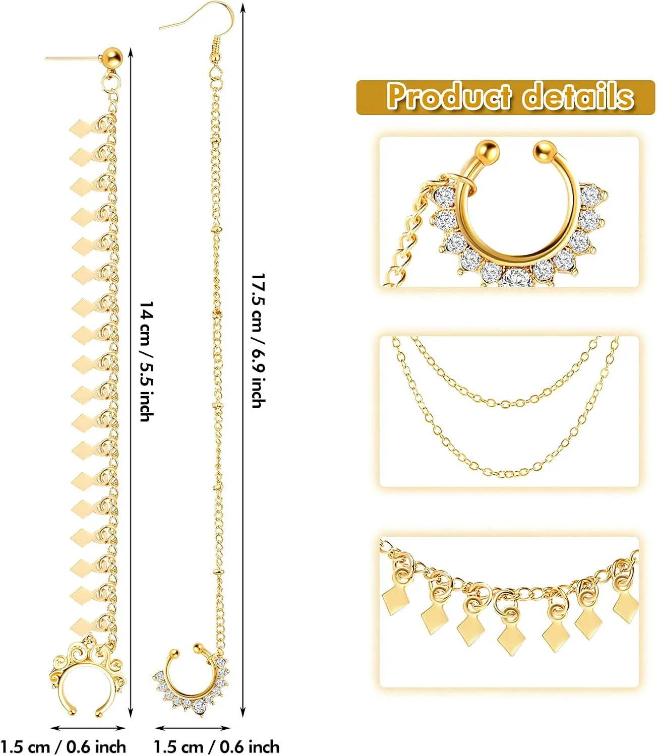 3 Pieces Nose Hoop Chain Rings Double-layer Septum Non Piercing Nose Hoop Ring Dangle Chain Earrings