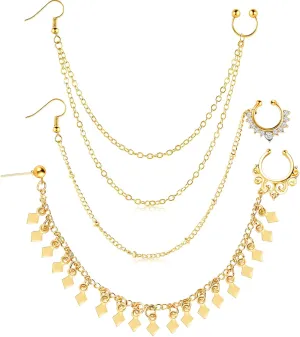 3 Pieces Nose Hoop Chain Rings Double-layer Septum Non Piercing Nose Hoop Ring Dangle Chain Earrings