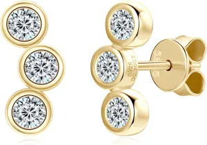 3-Stones Bezel Stud Earrings, 0.6cttw D Color Round Cut Moissanite, 925 Sterling Silver Earrings Elegant Jewelry Gifts for Women, Wife, Mom