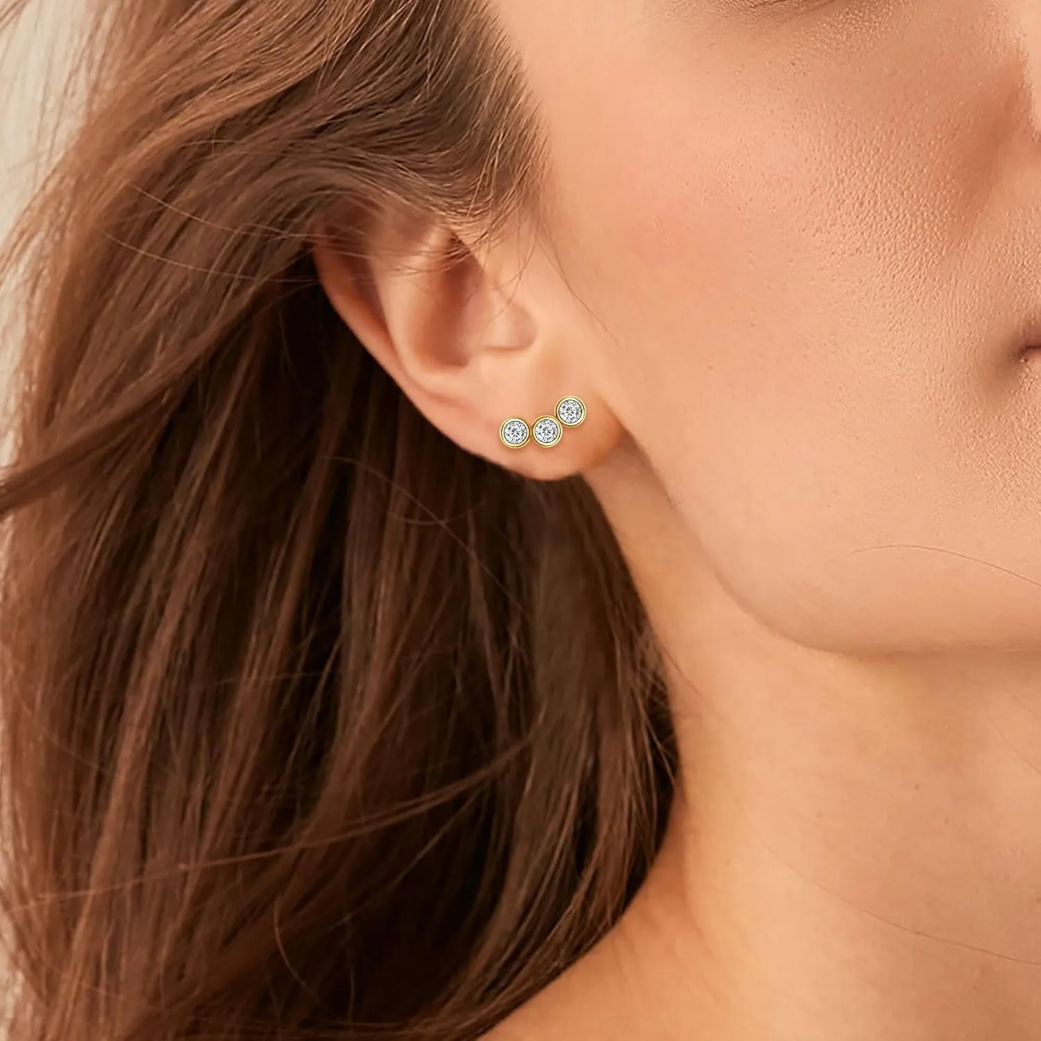 3-Stones Bezel Stud Earrings, 0.6cttw D Color Round Cut Moissanite, 925 Sterling Silver Earrings Elegant Jewelry Gifts for Women, Wife, Mom