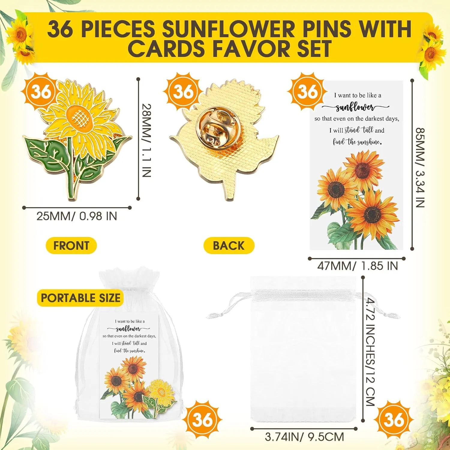 36 Sets Gold Yellow Sunflower Brooch Pins with Sunflower Thank You Cards and Mesh Drawstring White Organza Bags for Women Employee Wedding Favors Thank You Gifts(Classic)