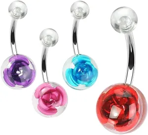 4 Pc 10 mm Floating Rose Acrylic Ball Surgical Steel Navel Belly Button Ring 14g Body Unique Jewelry Delicate Design Piercing Steel Surgical For Women