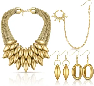 4 Pcs Women African Jewelry Set African Bib Choker Necklaces Vintage National Gold Statement Necklace Tribal Style Layered Collar Necklace African Nose Rings with Chain African Gold Earrings