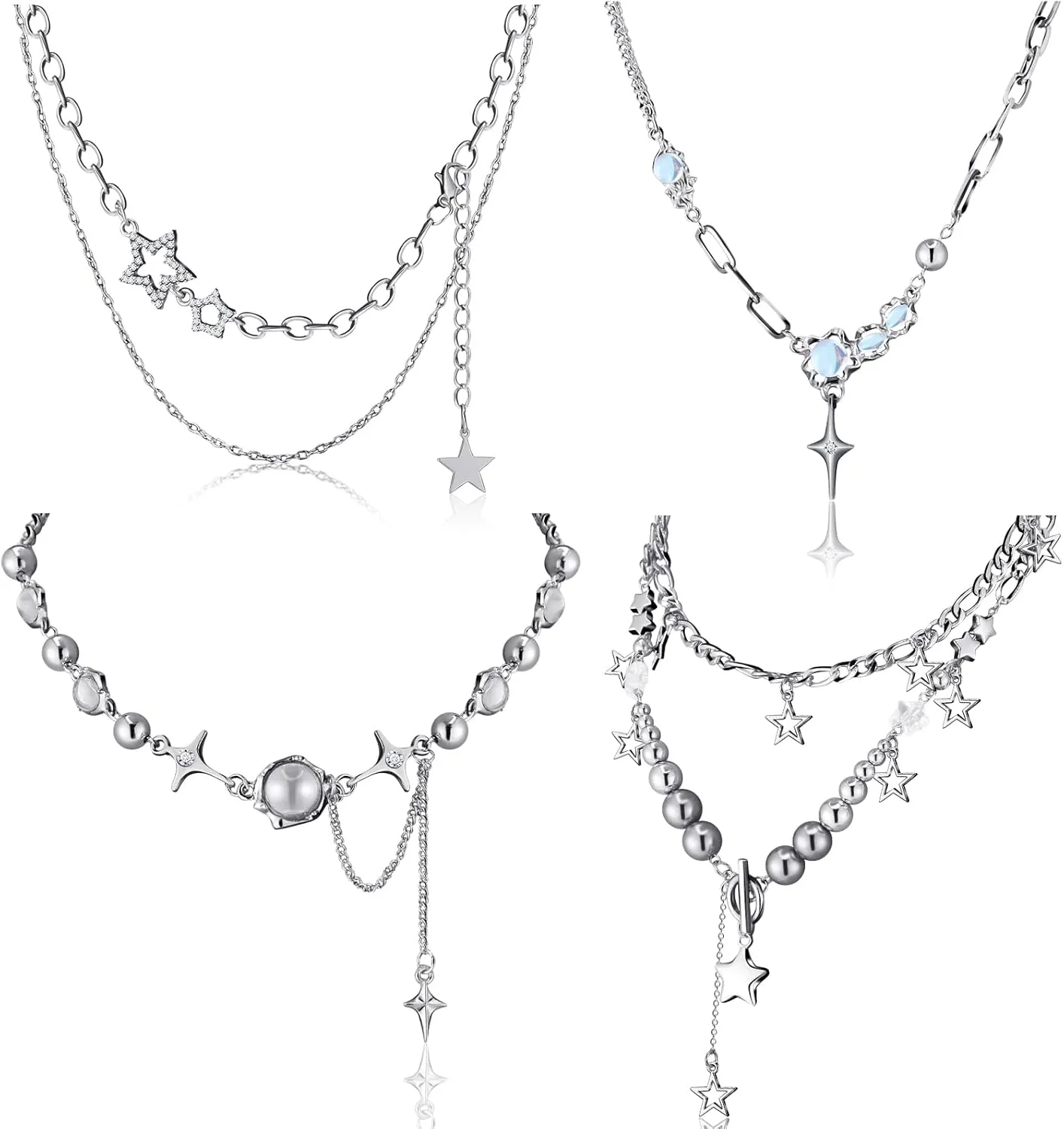 4 Pcs Y2k Double Layered Necklace Set Irregular Moonstone Collar Chain Punk Star Pendant Zircon Jewelry Silver Asymmetric Necklace Adjustable Grunge Star Choker for Women Teen