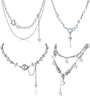 4 Pcs Y2k Double Layered Necklace Set Irregular Moonstone Collar Chain Punk Star Pendant Zircon Jewelry Silver Asymmetric Necklace Adjustable Grunge Star Choker for Women Teen