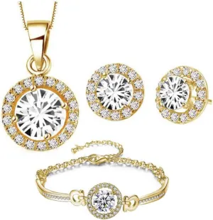 4 Pieces Fashion Elegant Zircon Pendant Gold Necklace Earring Bracelet Jewelry Set for Women Lady Wedding Birthday Party Prom Gifts