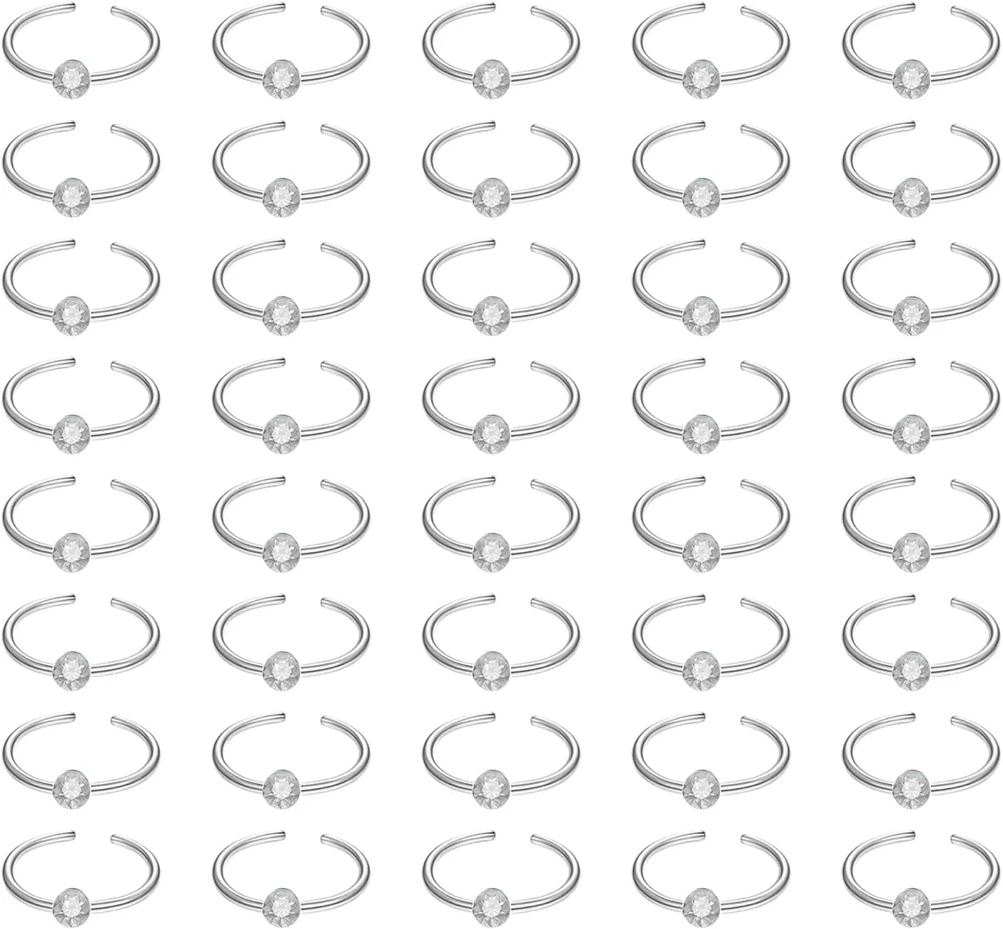 40PCS Basic Clear Rhinestone C Shape Nose Rings, 316L Stainless Steel Hypoallergenic 22G Nose Rings, Unisex Fashion Simple Piercing Jewelry