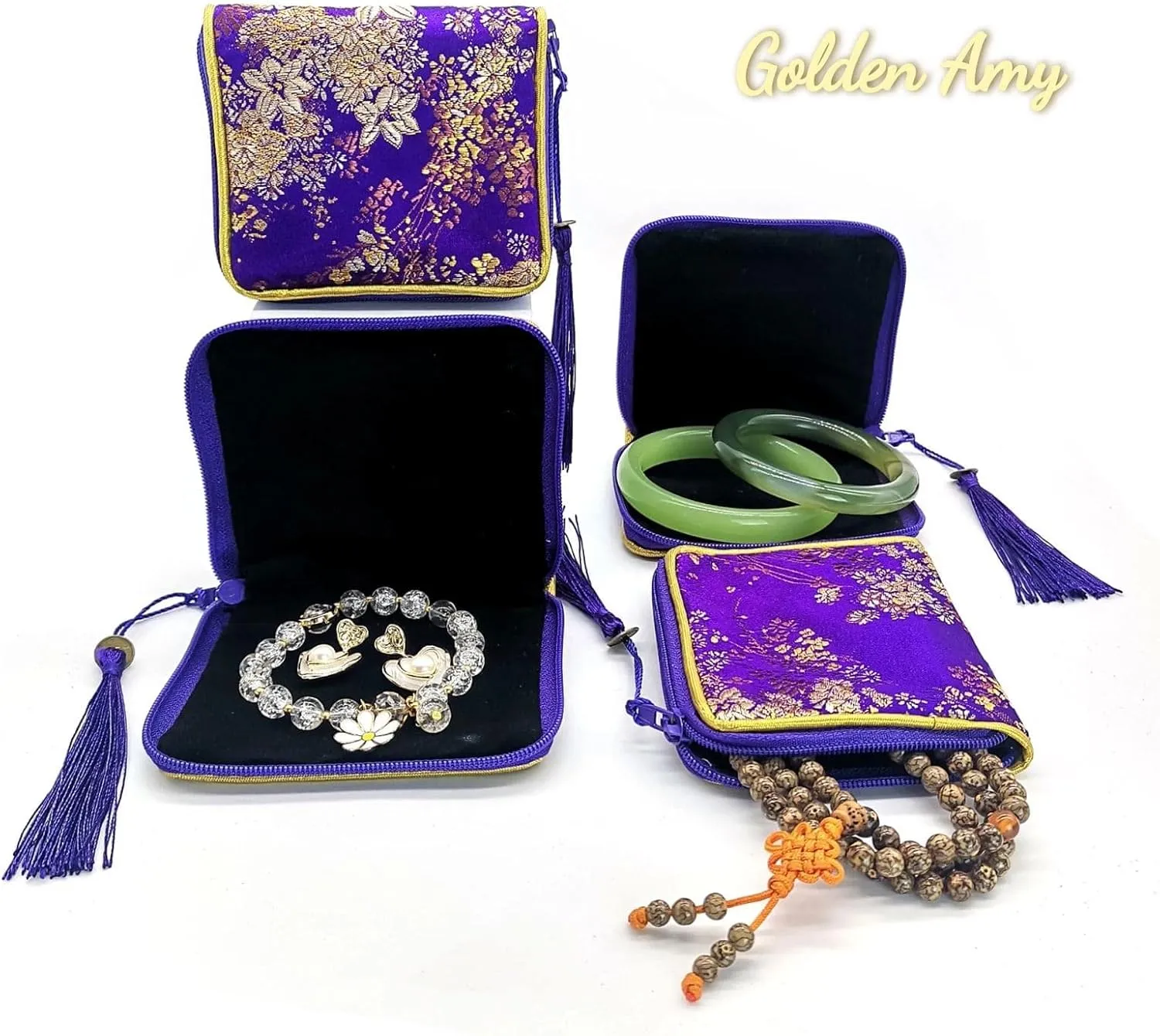 4pc Zipper Jewelry Pouches Brocade Cosmetic Bags Embroidered Coin Purses Wallets for Women