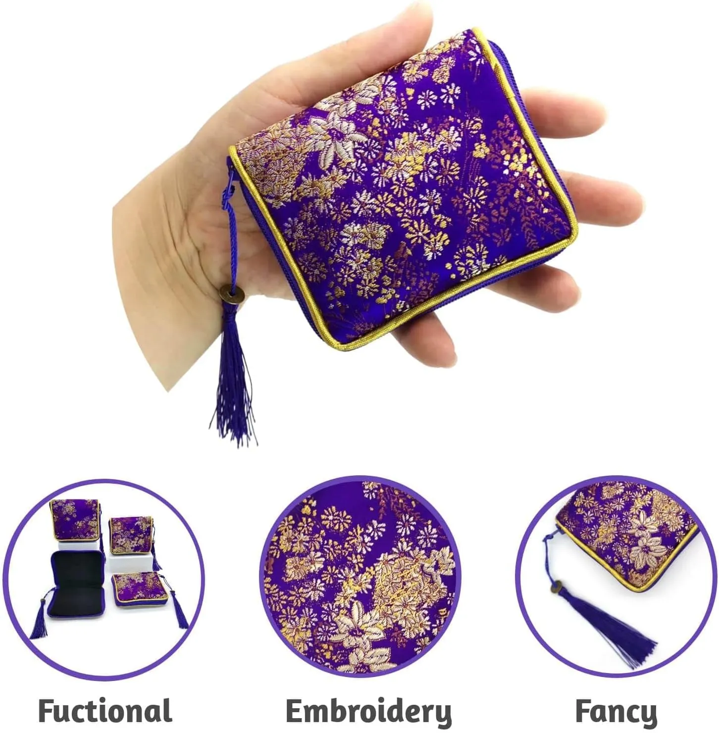 4pc Zipper Jewelry Pouches Brocade Cosmetic Bags Embroidered Coin Purses Wallets for Women