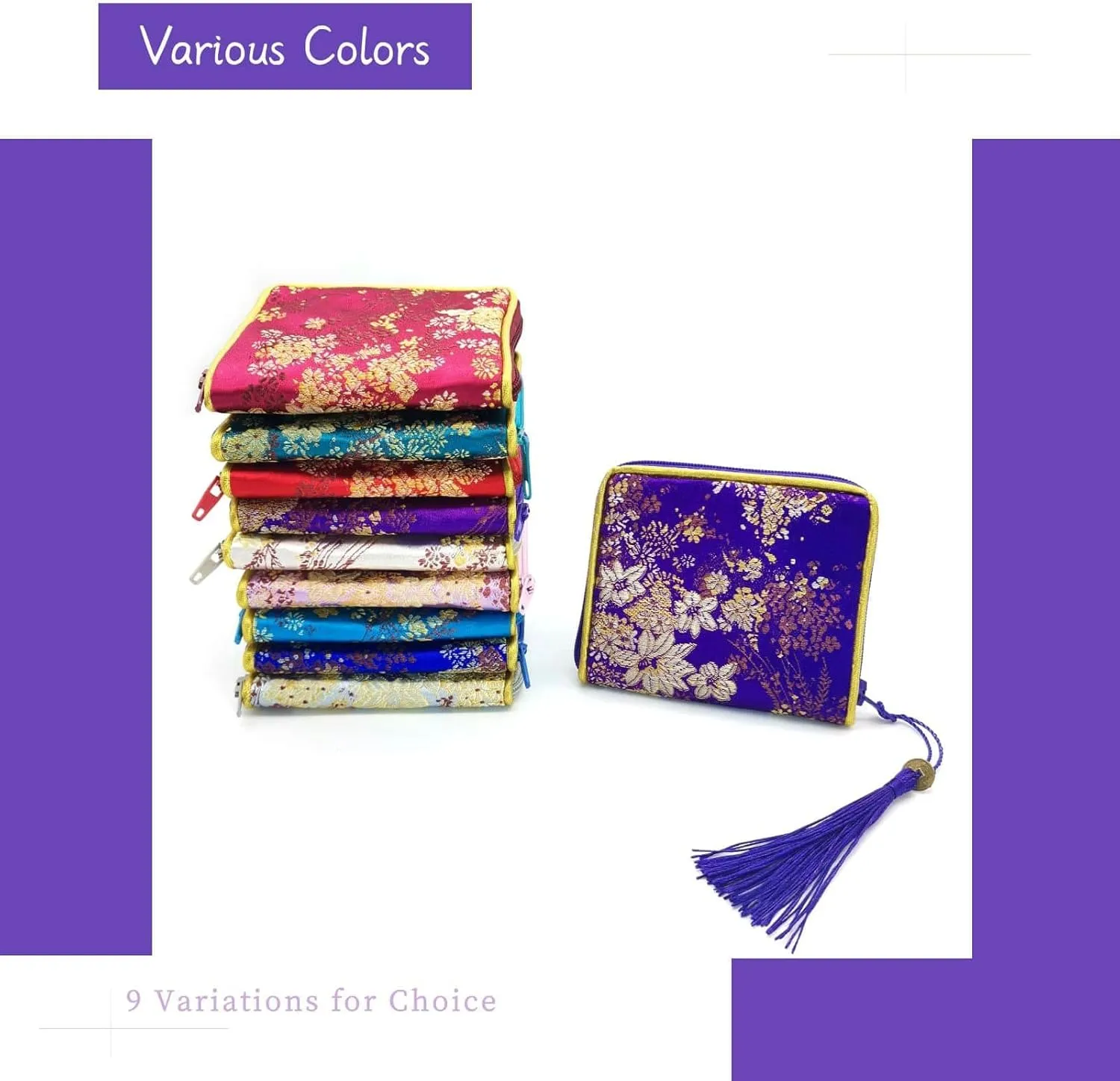 4pc Zipper Jewelry Pouches Brocade Cosmetic Bags Embroidered Coin Purses Wallets for Women