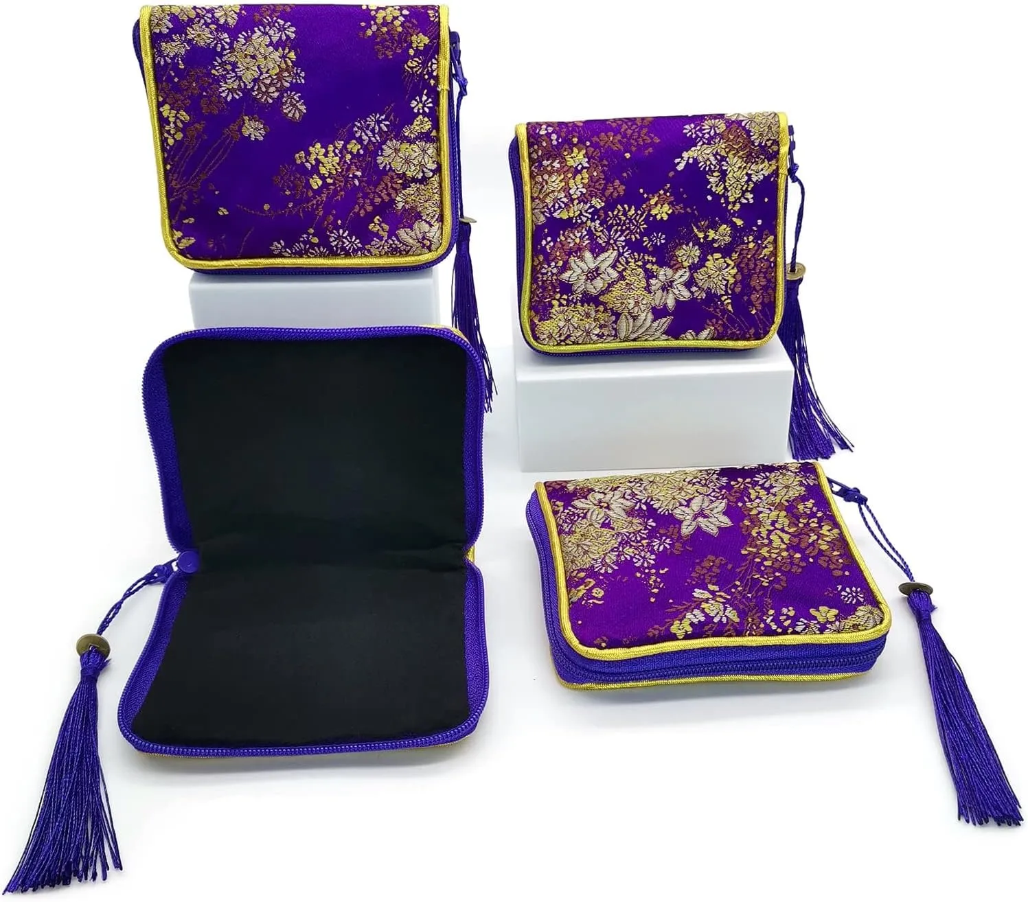 4pc Zipper Jewelry Pouches Brocade Cosmetic Bags Embroidered Coin Purses Wallets for Women